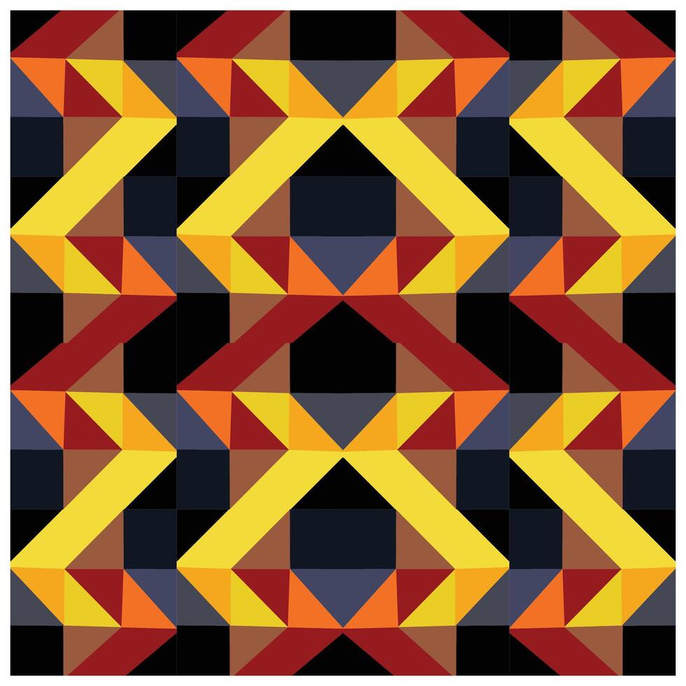 A vibrant geometric pattern featuring yellow, red, orange, and brown shapes arranged in a symmetrical, interlocking design on a dark background. vector