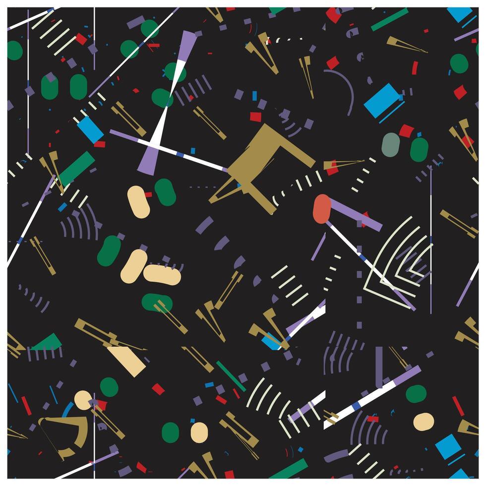 An abstract pattern of colorful geometric shapes on a dark background, creating a dynamic visual texture. vector