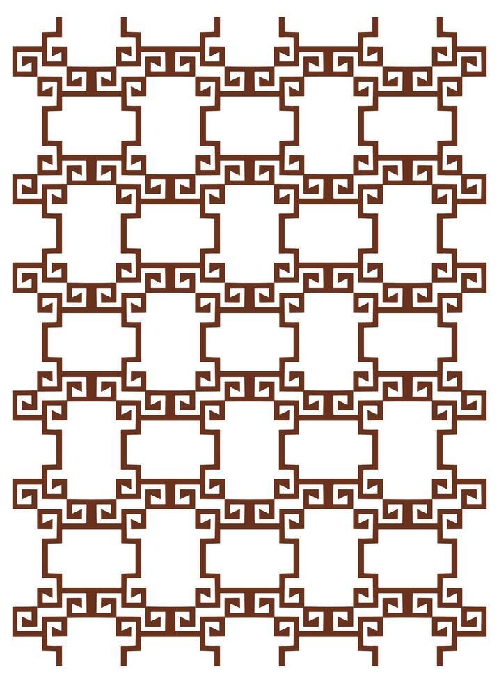 A repeating geometric pattern featuring brown interlocking squares with ornate, spiral-like corners on a white background. vector
