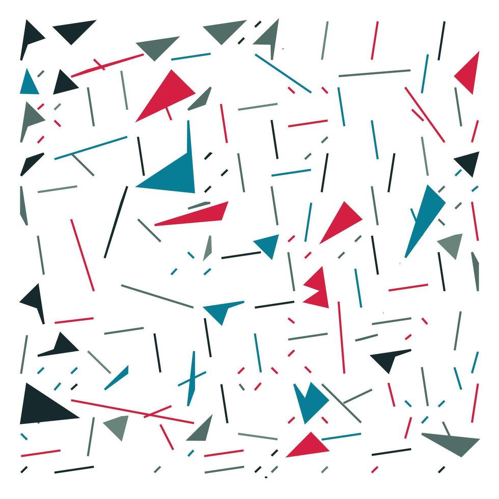 Abstract pattern of colorful geometric shapes including triangles and lines in various orientations on a white background. vector