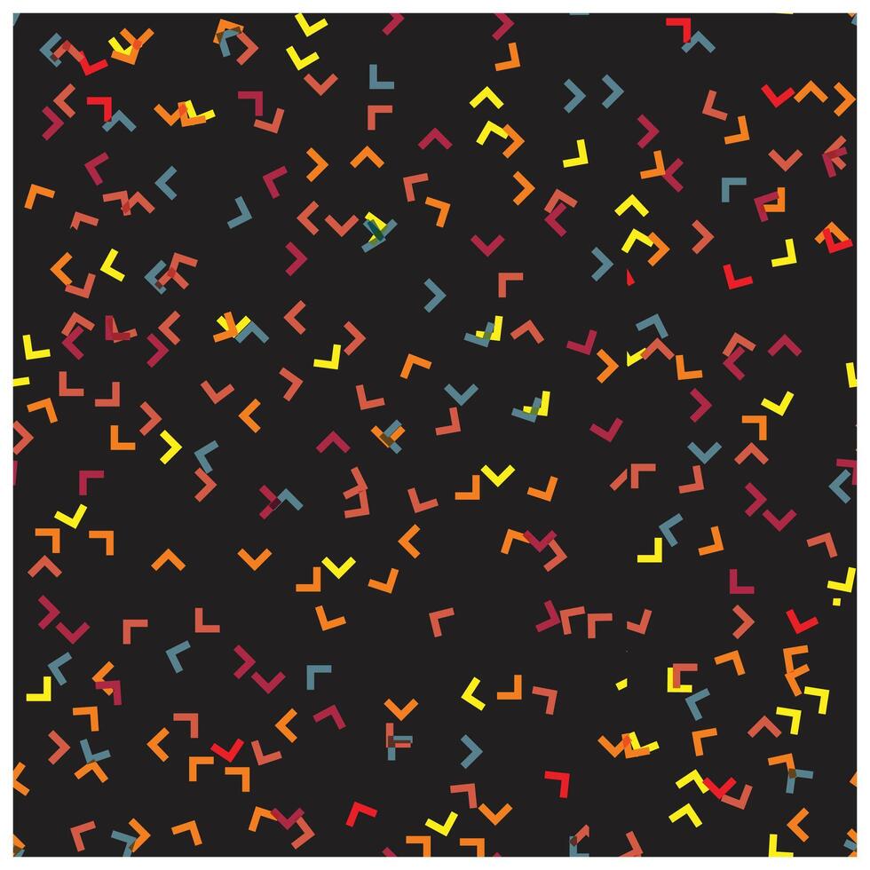 A vibrant pattern of colorful geometric shapes on a dark background, featuring various angles and orientations in red, blue, yellow, and orange. vector