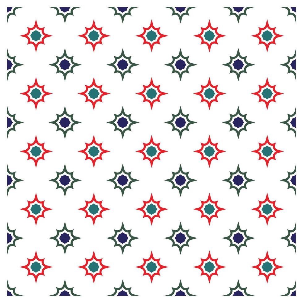 A repeating geometric pattern featuring star-like shapes in red, green, and blue on a white background. vector