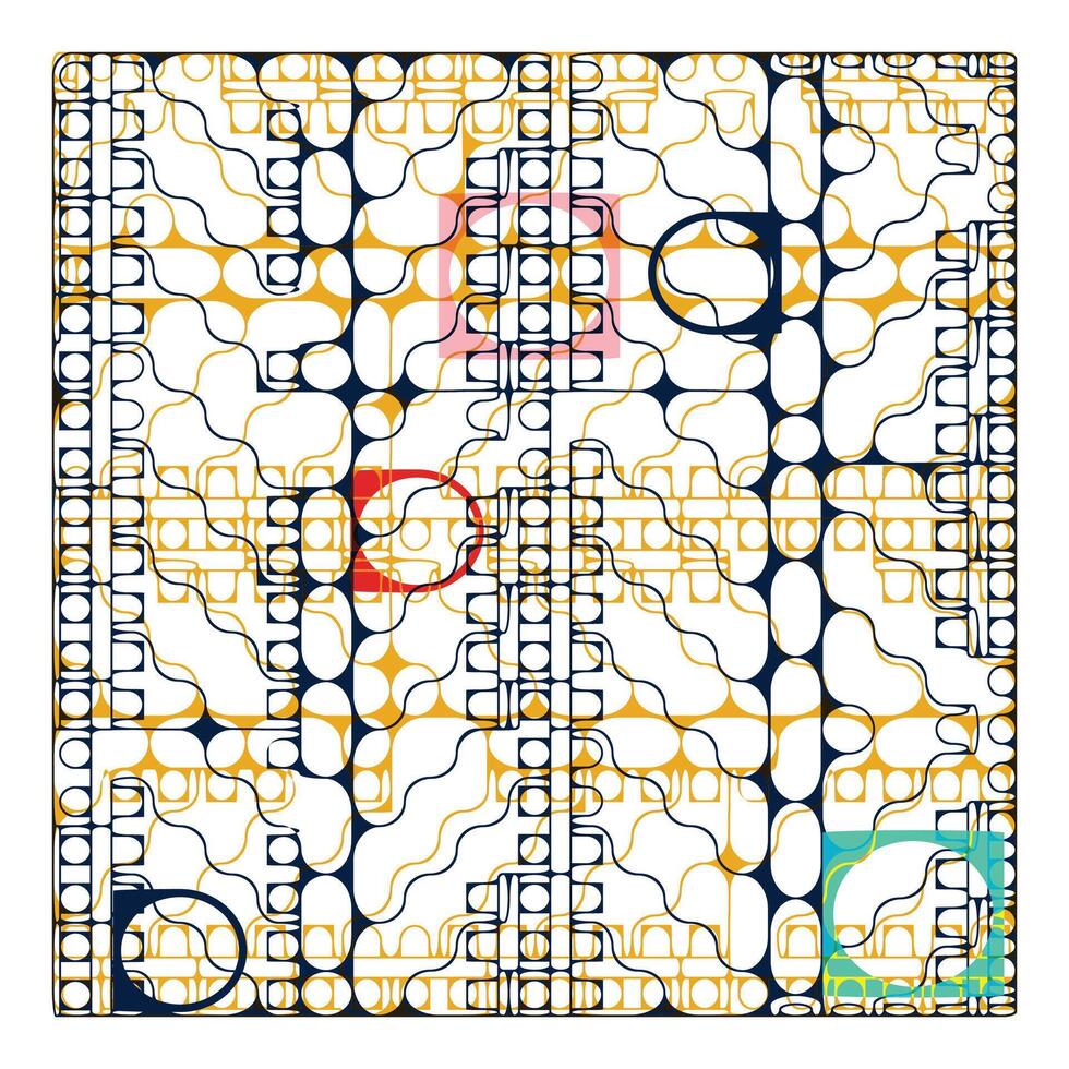 A complex geometric pattern of interwoven lines and shapes in vibrant colors, featuring circles and squares against a white background. vector