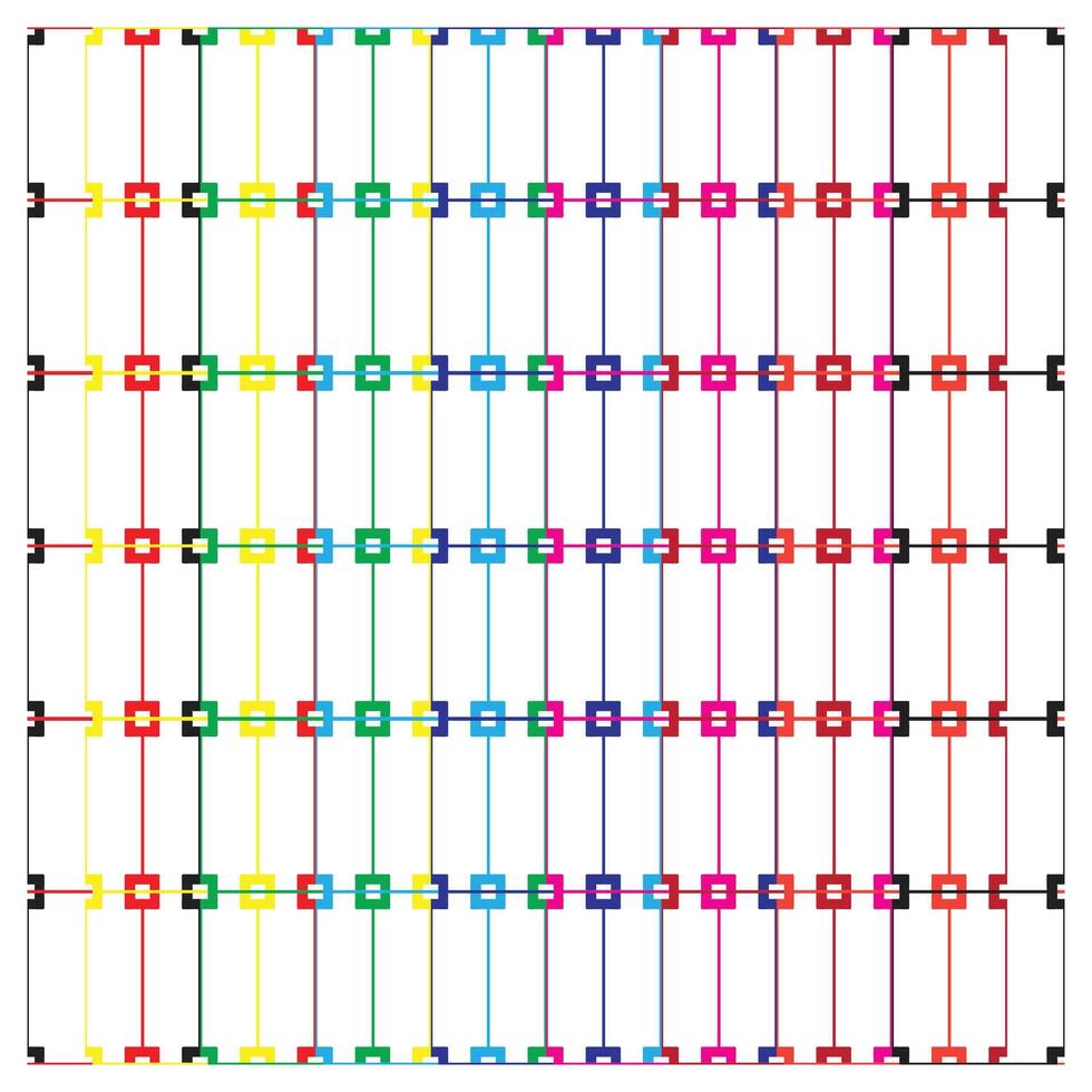Colorful grid pattern with alternating vibrant lines and square icons, arranged in a repetitive, rhythmic design on a white background. vector