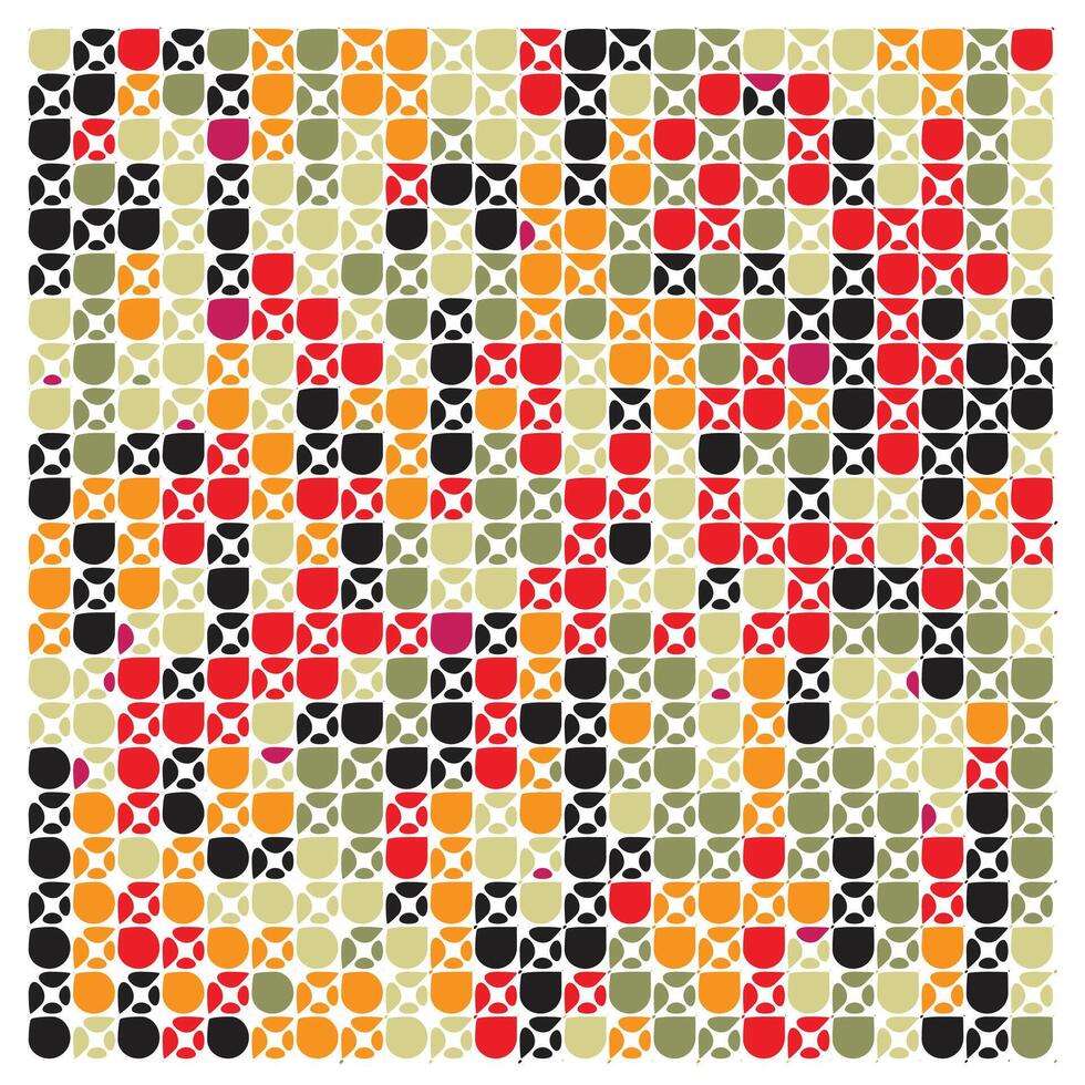 A colorful abstract pattern featuring varied shapes in red, orange, green, black, and pink against a white background. vector