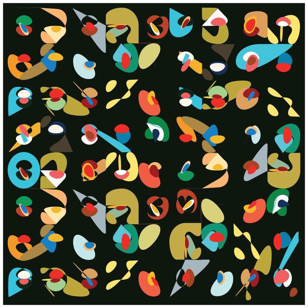 Abstract colorful shapes and patterns on a dark background, featuring varied forms in red, blue, yellow, and green. vector