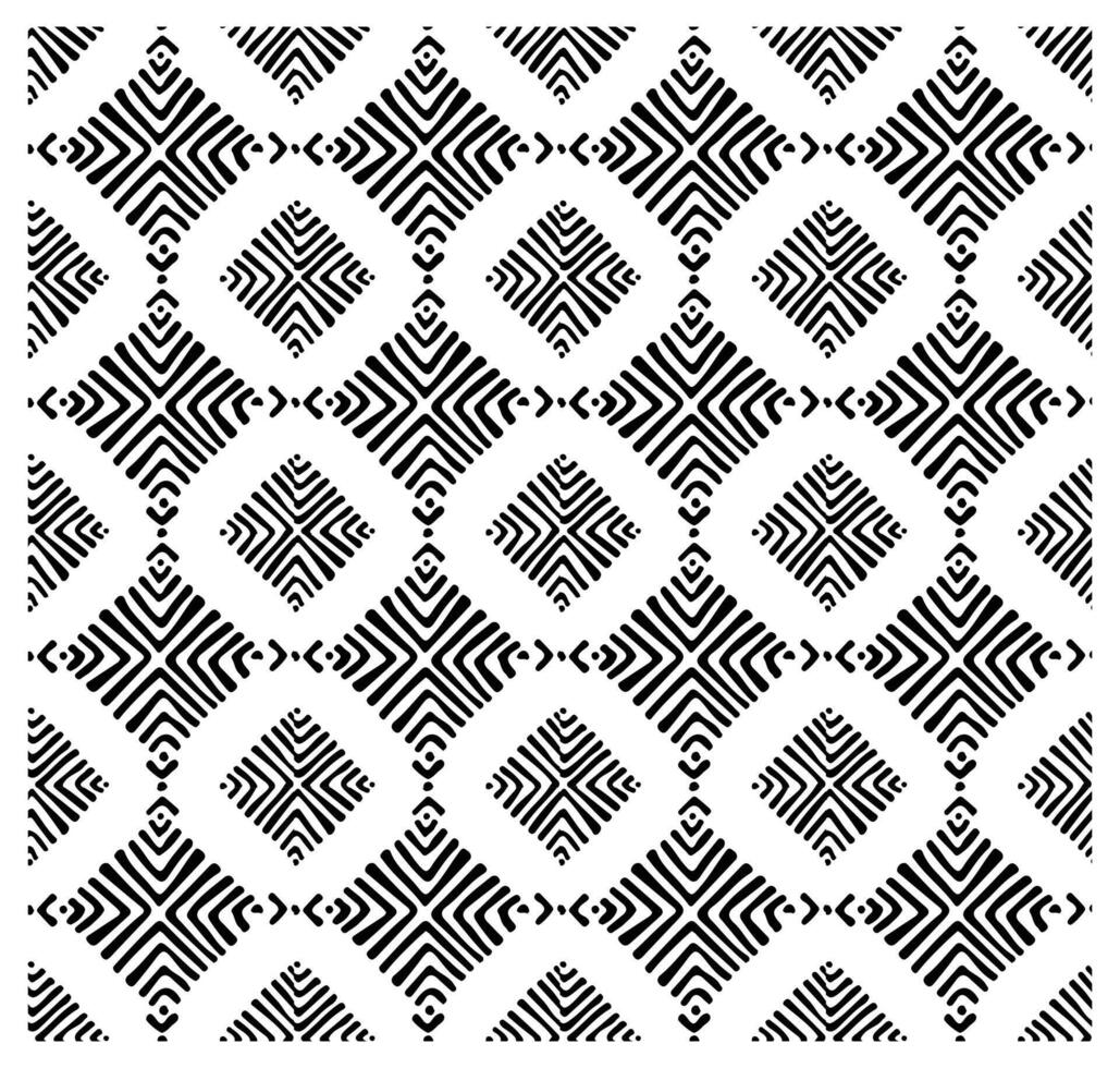 A geometric black and white pattern featuring intricate diamond shapes and wavy lines arranged in a repeating grid. vector