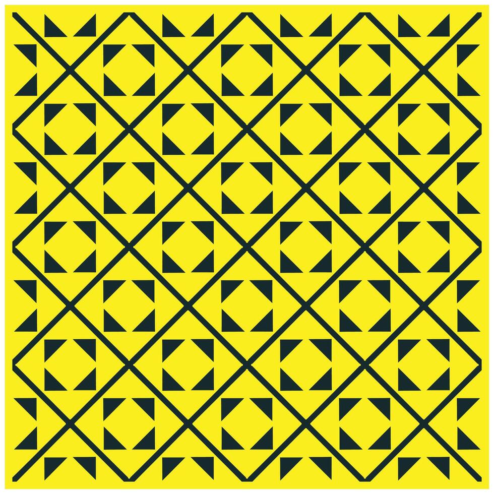 A vibrant yellow geometric pattern featuring black squares, triangles, and diagonal lines, creating an eye-catching mosaic effect. vector