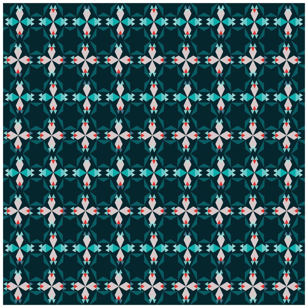 A vibrant geometric pattern with a dark background, featuring colorful star-like shapes in turquoise, red, and pink arranged in a grid. vector