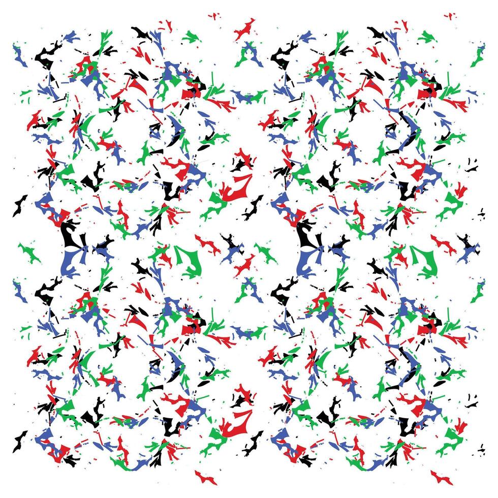 A vibrant abstract pattern featuring chaotic splashes of red, blue, green, and black on a white background, resembling dynamic movement. vector