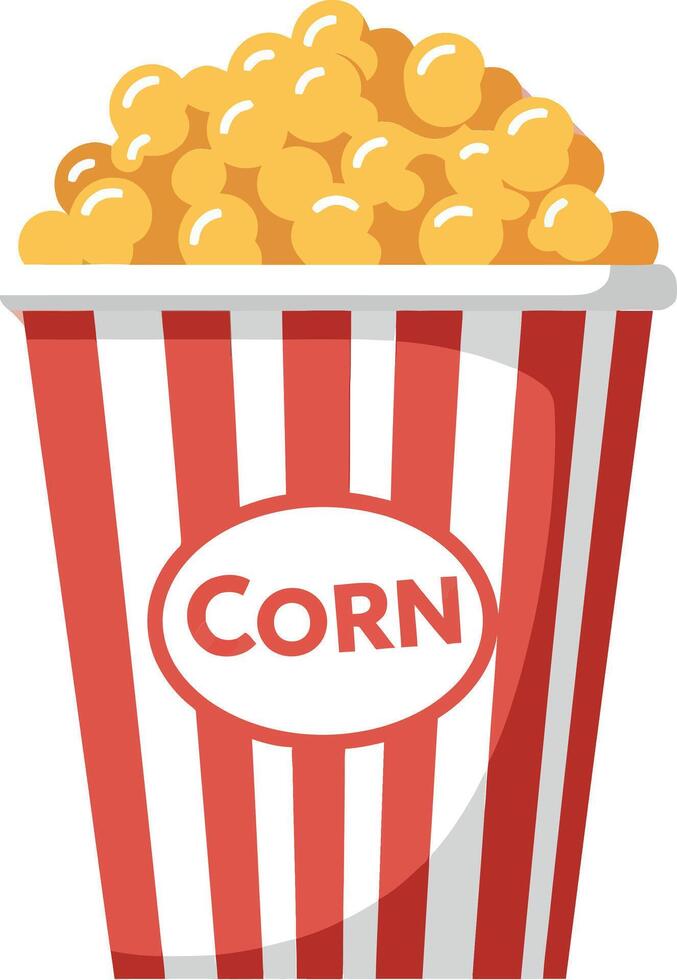 A bright red and white striped popcorn bucket filled with fluffy popcorn in flat illustration vector
