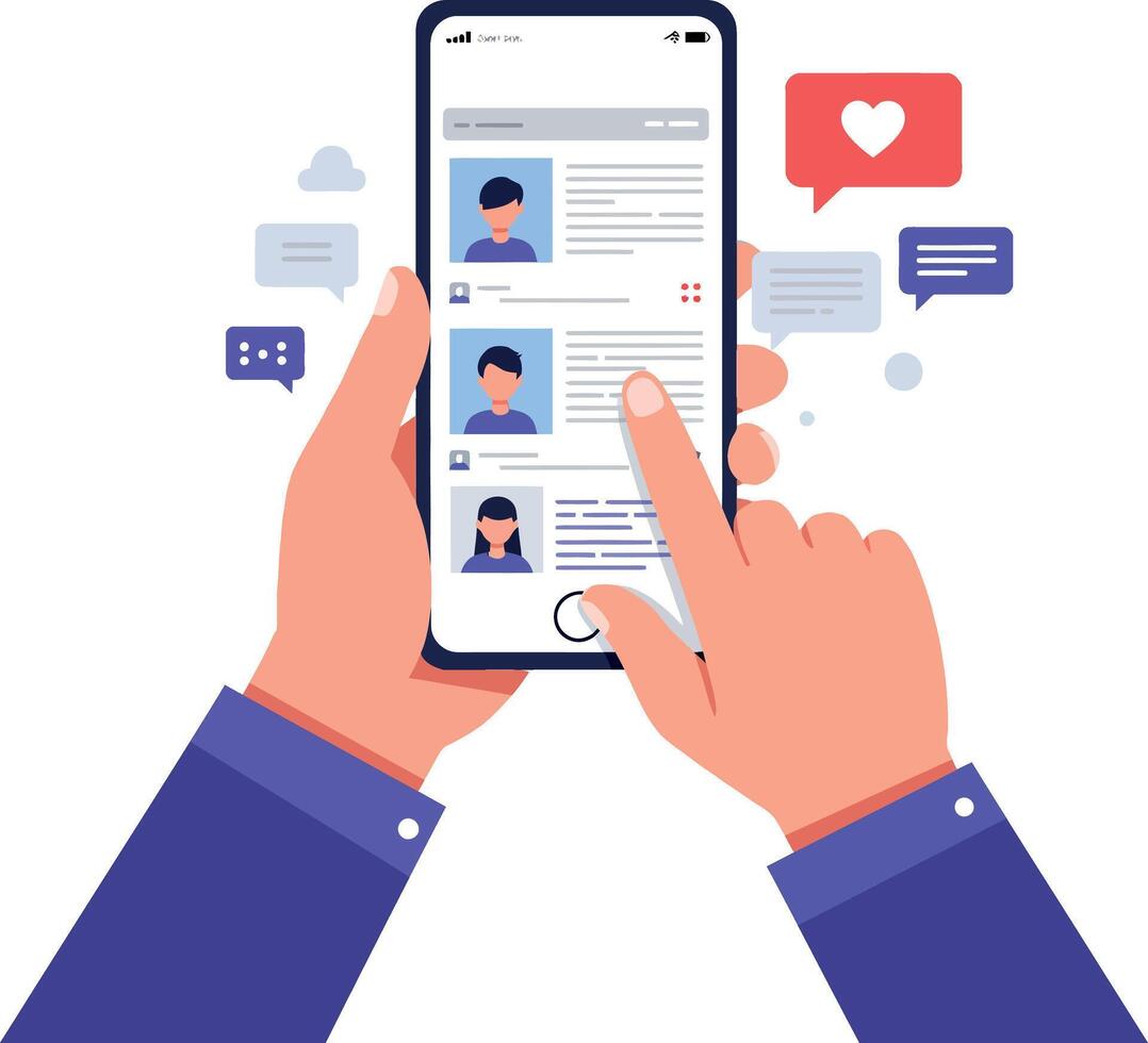 Hands holding a smartphone displaying social media profiles in flat illustration vector