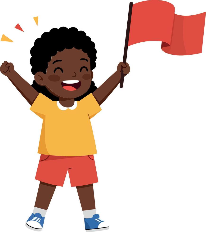 Cheerful boy celebrating with raised arms and a red flag in minimal illustration vector