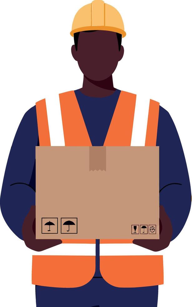 Construction worker wearing safety gear holding a cardboard box in a flat illustration vector