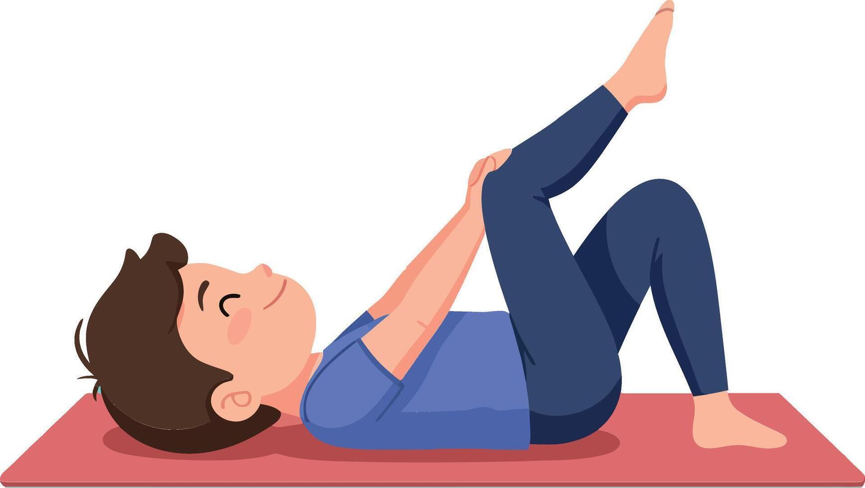 Young boy performing a yoga stretch on a red mat in a flat illustration vector