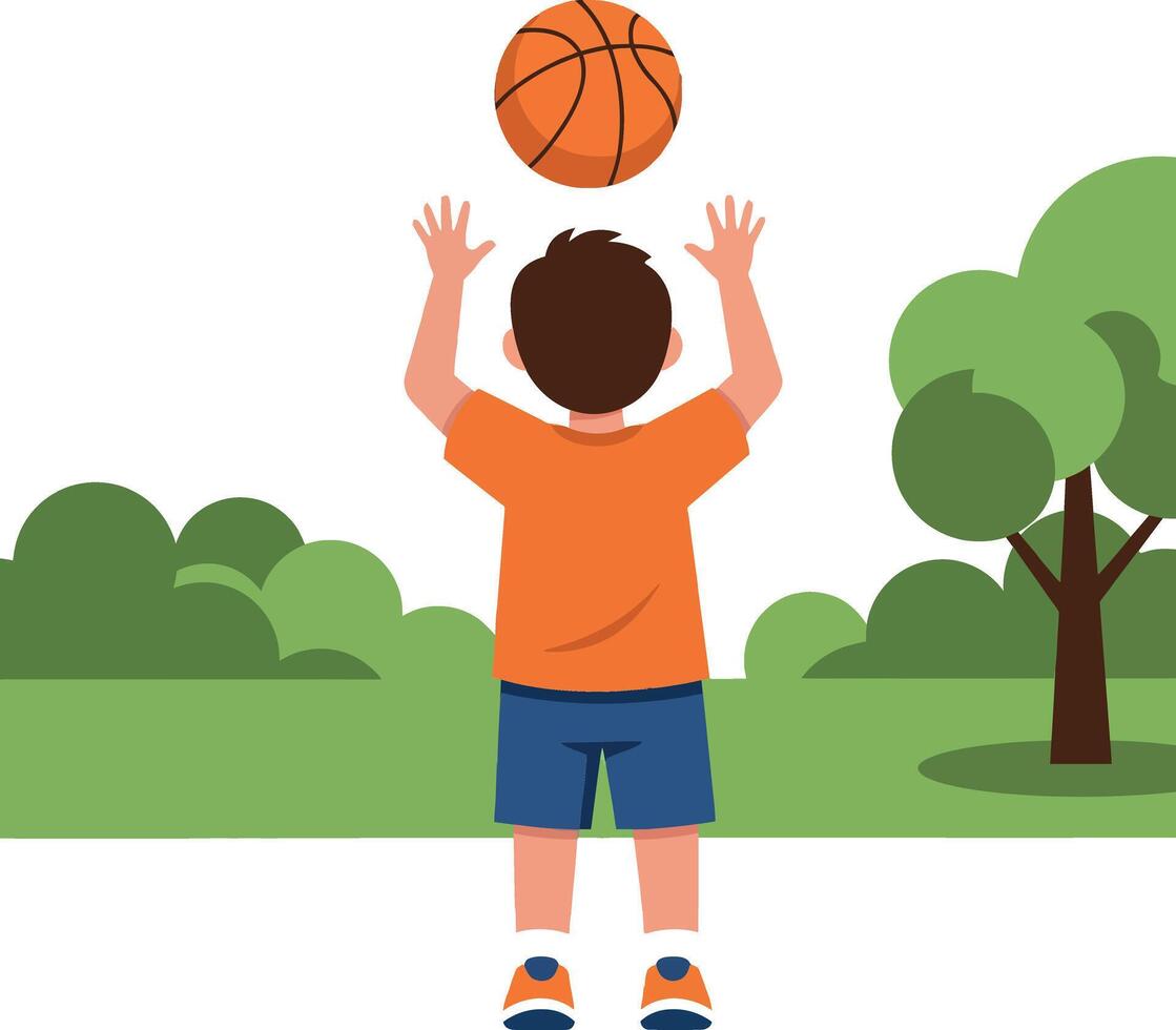 Young boy in orange shirt preparing to shoot basketball in a minimalistic outdoor setting illustration vector