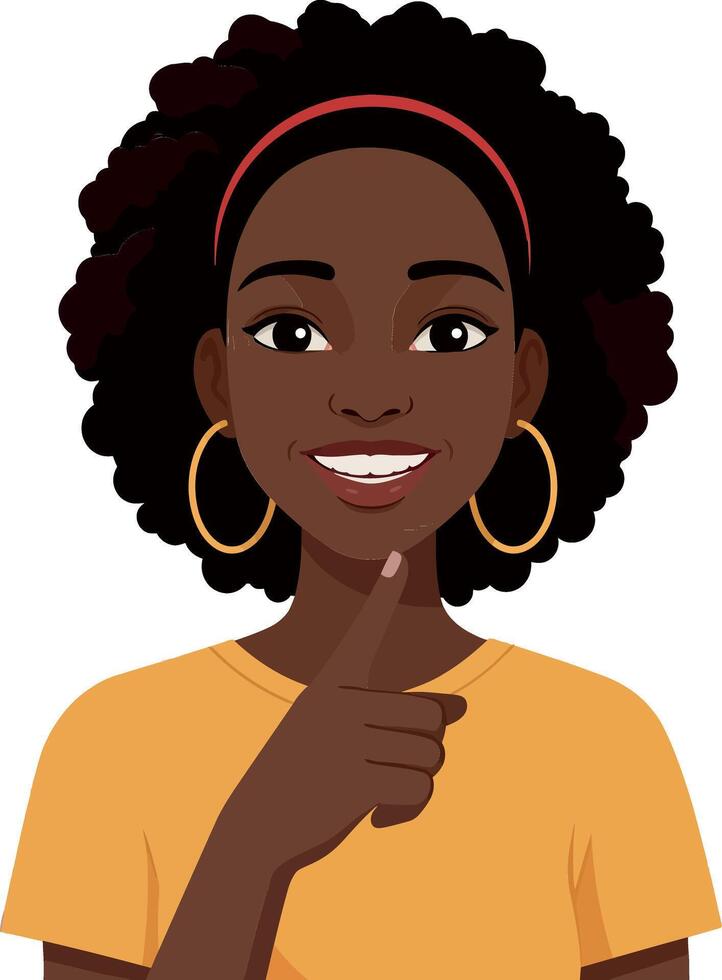 Young woman with curly hair smiling and gesturing thoughtfully in a minimal illustration vector