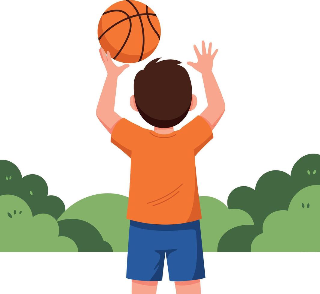 A young boy in an orange shirt preparing to shoot a basketball in flat art vector