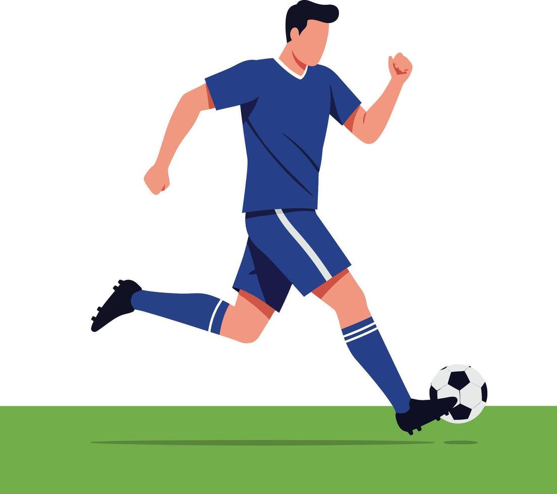 A male soccer player in motion kicking a ball on green grass in flat art vector