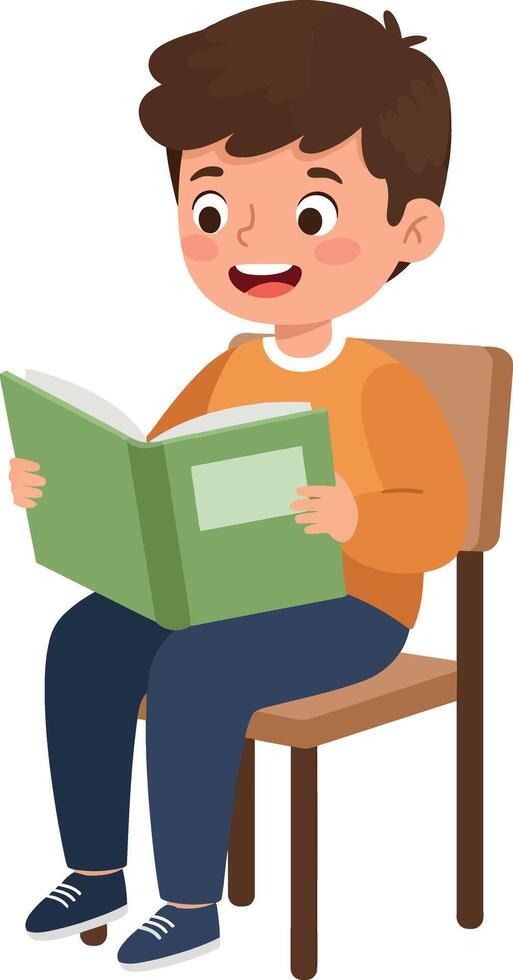 Young boy sitting on a chair reading a green book in a cheerful flat illustration vector