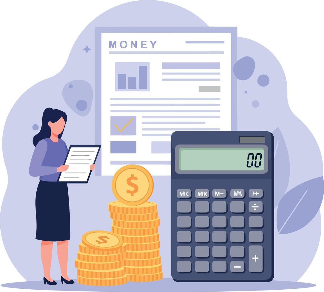 Businesswoman analyzing financial data with calculator and coins in flat illustration vector