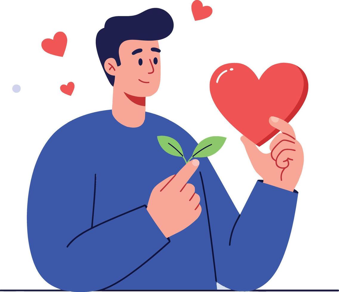 A man holding a green leaf and a red heart in a flat illustration with feelings of love and nature vector