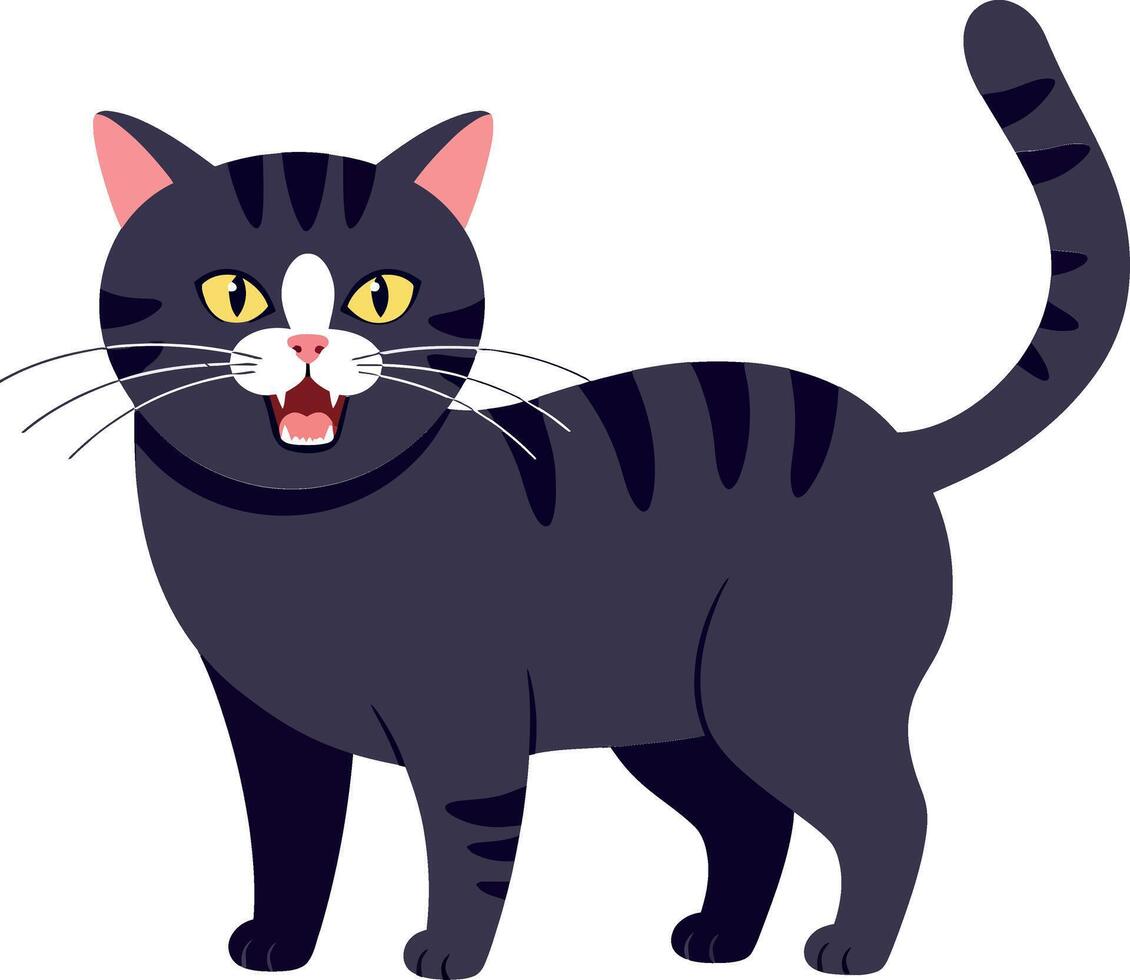 Playful black striped cat standing happily with a cheerful expression in flat art vector