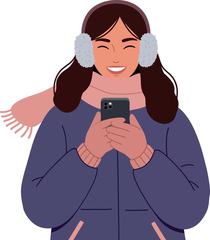 Cheerful young woman wearing a winter coat and earmuffs smiling while using her smartphone in flat illustration vector