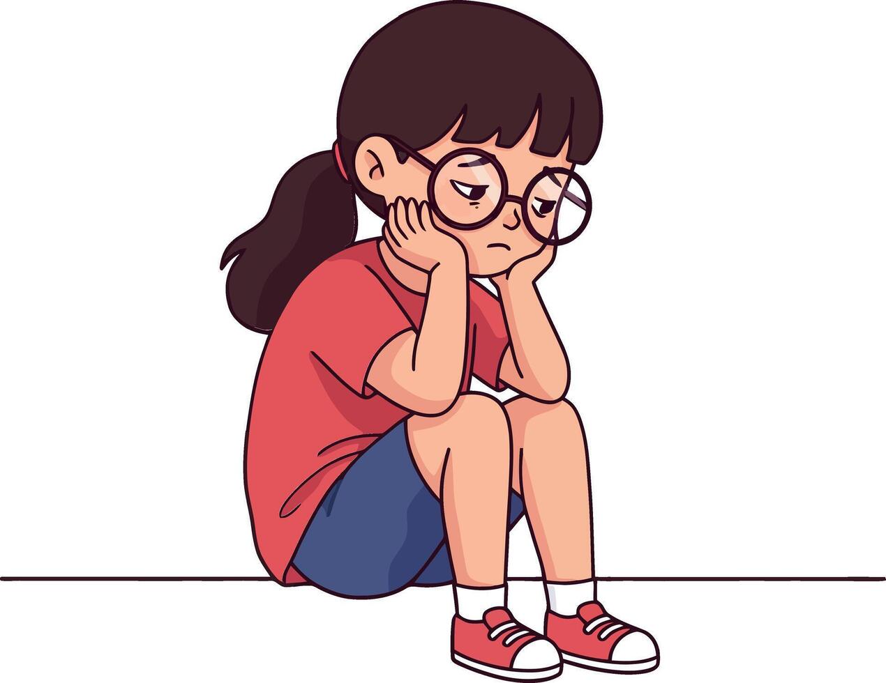Sad girl sitting on the floor in a minimal style illustration vector
