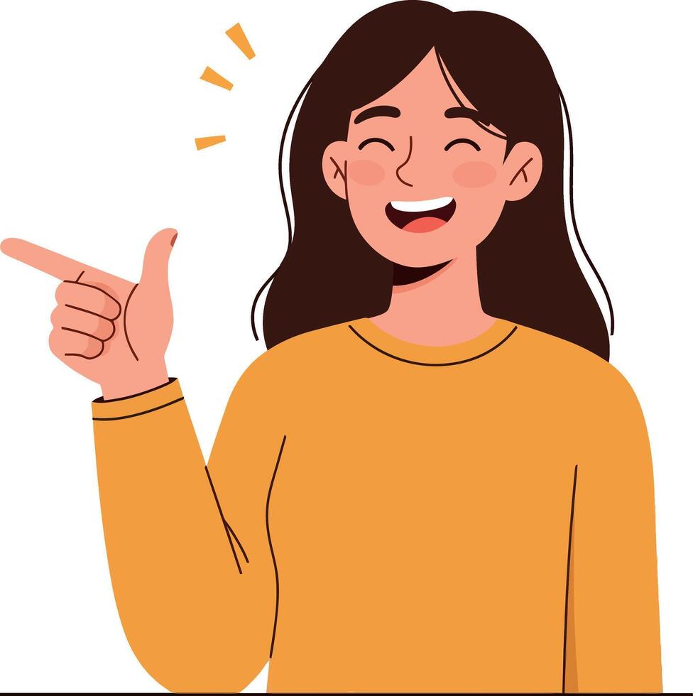Happy woman with long hair pointing playfully, cheerful flat design illustration vector