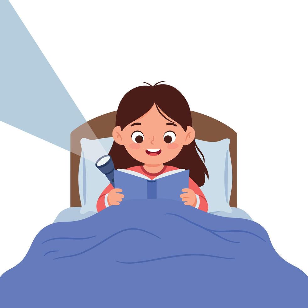 A young girl reading a book under a cozy blanket with a flashlight in a cheerful, flat illustration vector