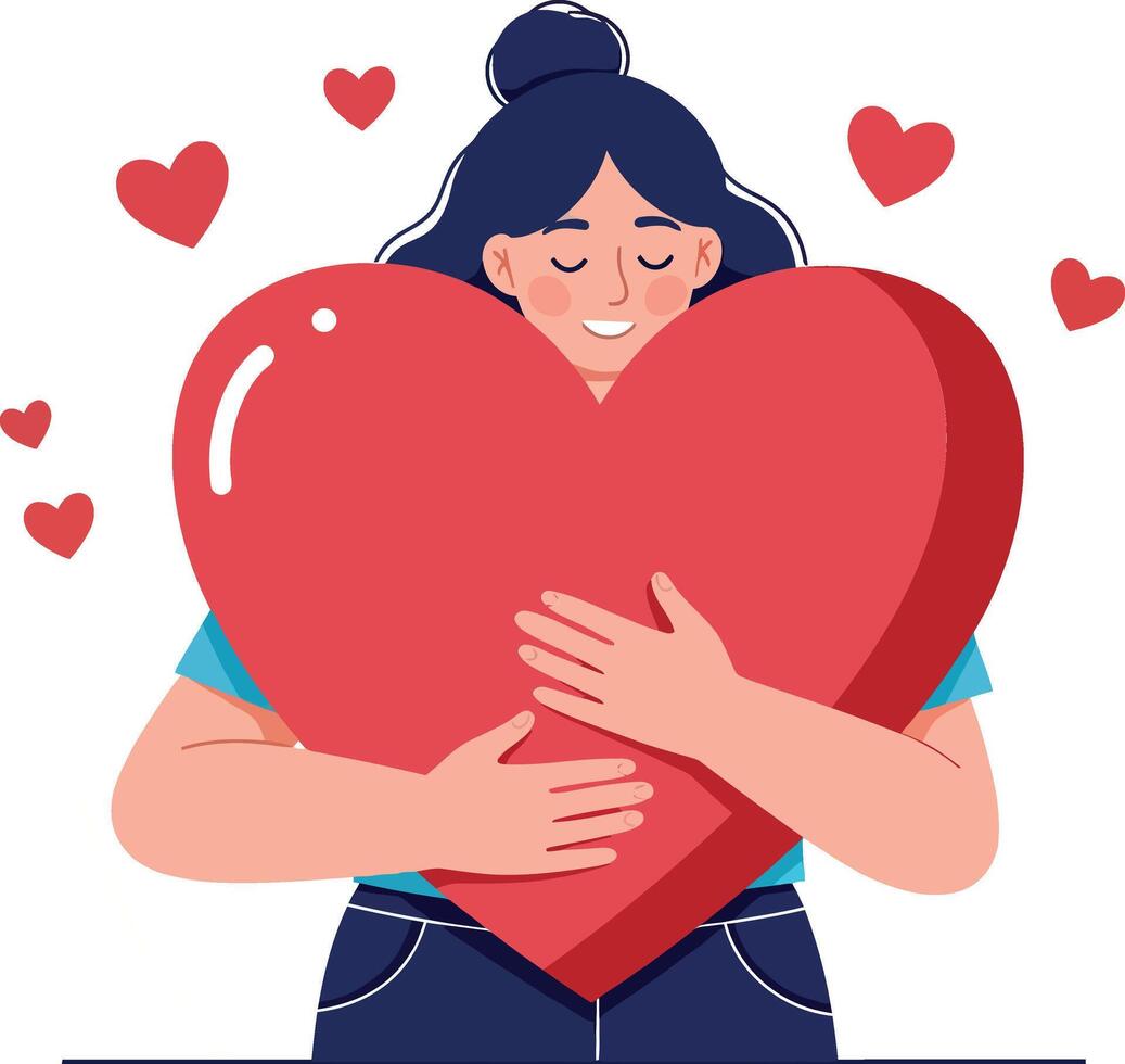 A woman joyfully embracing a large red heart in a minimal illustration filled with love and warmth vector