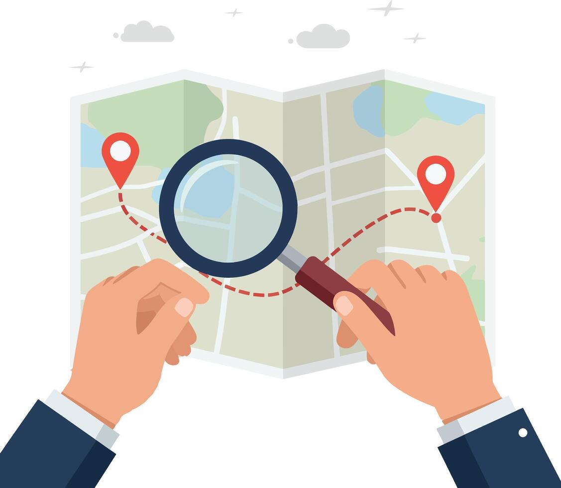 Hands holding a map with a magnifying glass exploring a route in flat illustration vector