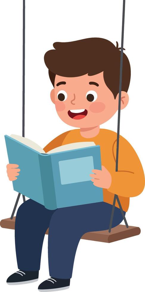Happy boy sitting on a swing reading a book in a flat illustration vector