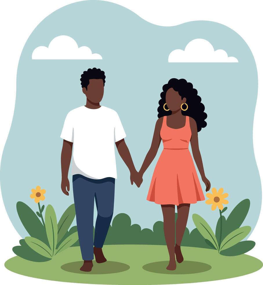 A couple walking hand in hand through a vibrant garden in a flat illustration vector