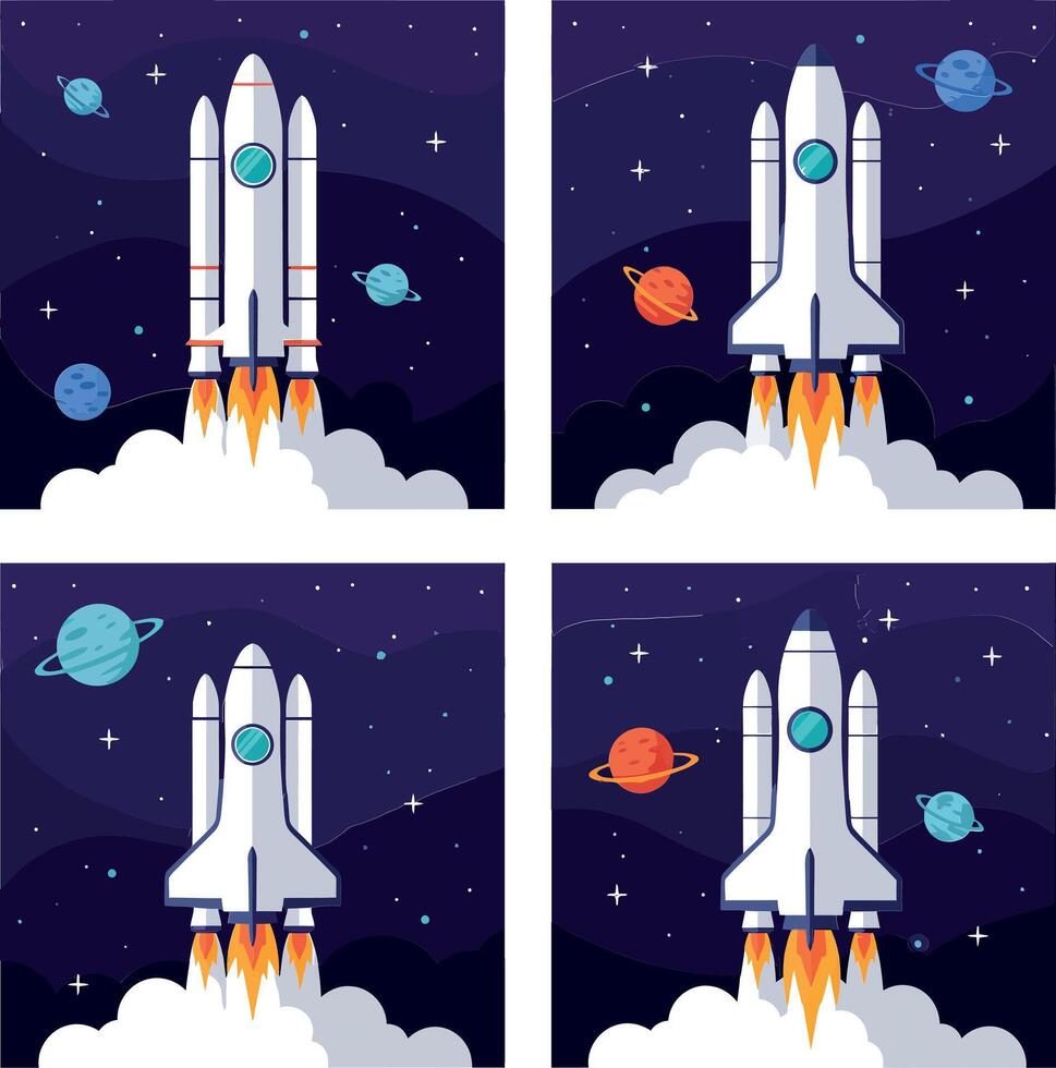 Rocket launching into space with colorful planets in a flat illustration vector