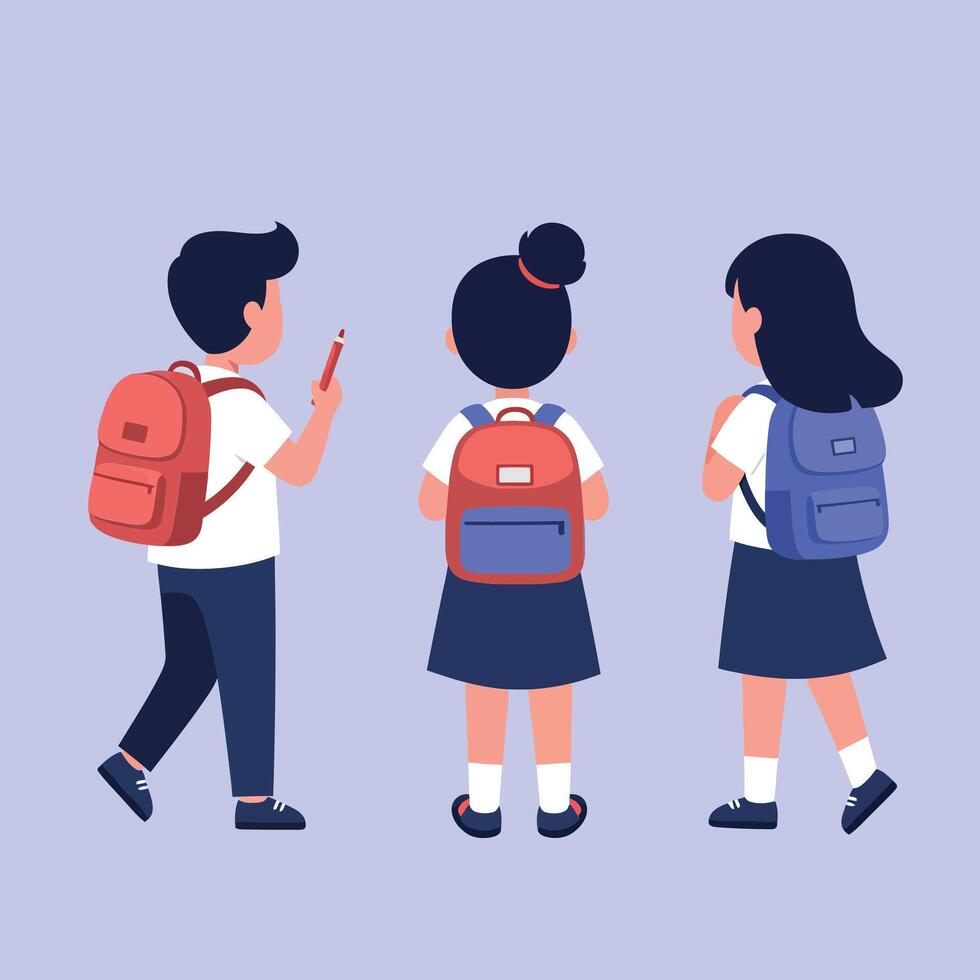 Three schoolchildren walking together with colorful backpacks in flat illustration style vector