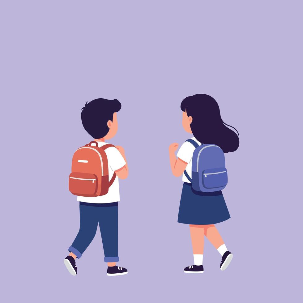 Two children with backpacks walking together in a flat, colorful style illustration vector