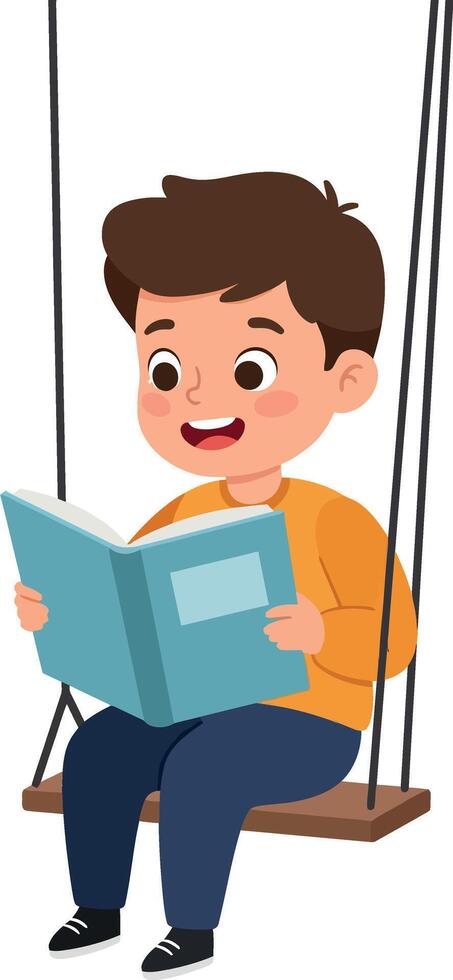 A cheerful boy reading a book while swinging on a wooden swing in a playful, minimal illustration vector