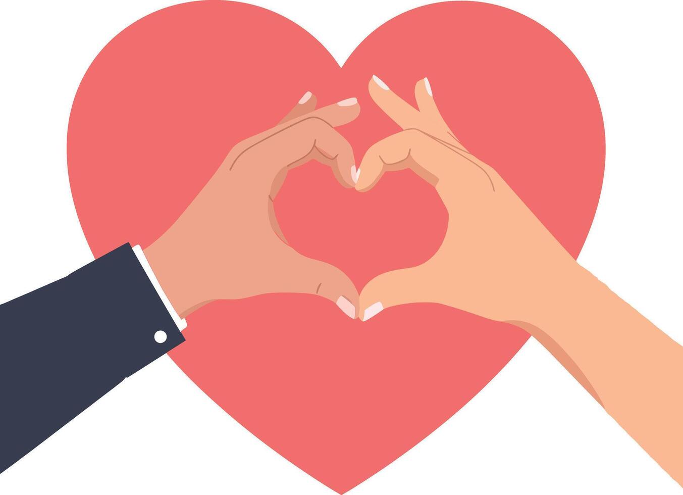 Hands forming a heart shape against a vibrant red background in flat art vector