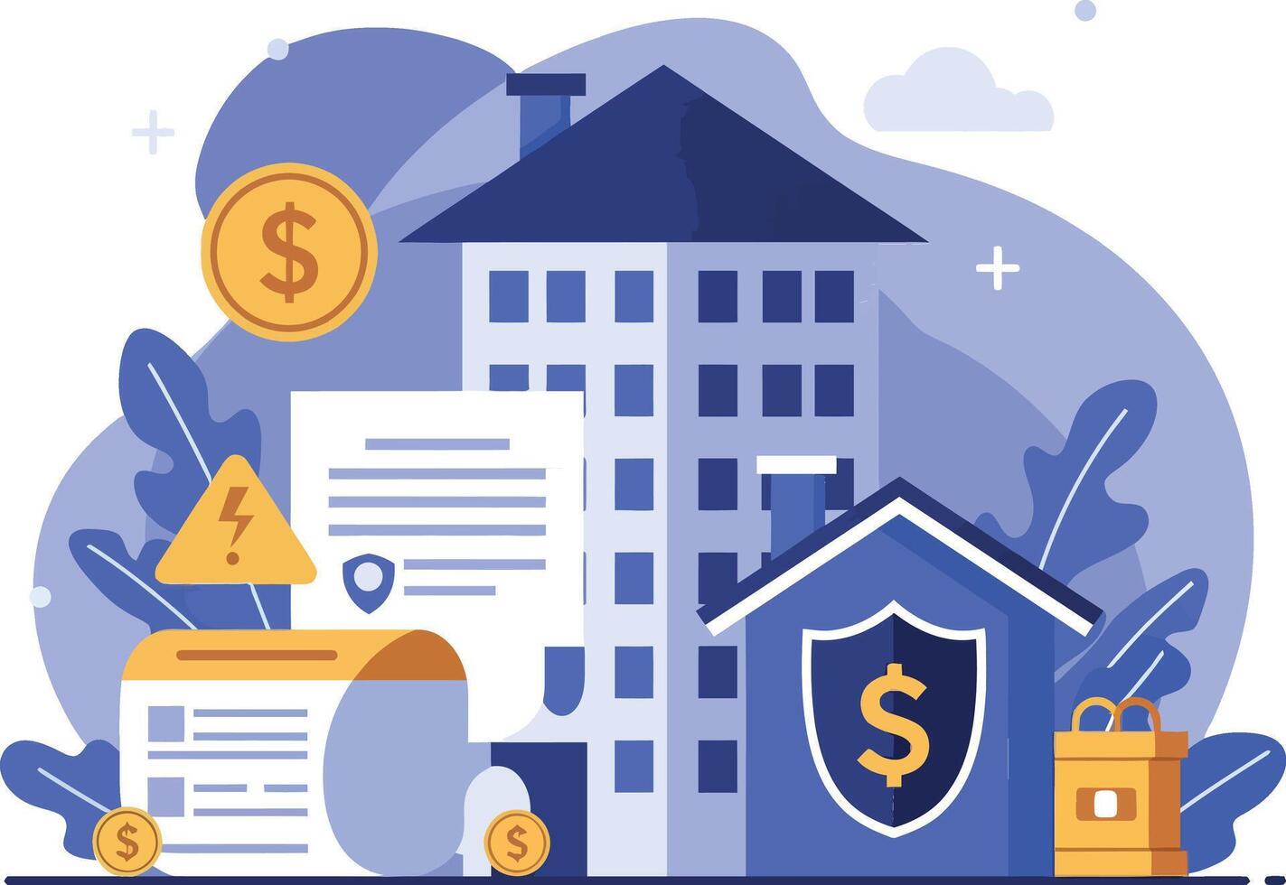 Insurance building with documents, coins, and a secure house in flat illustration vector