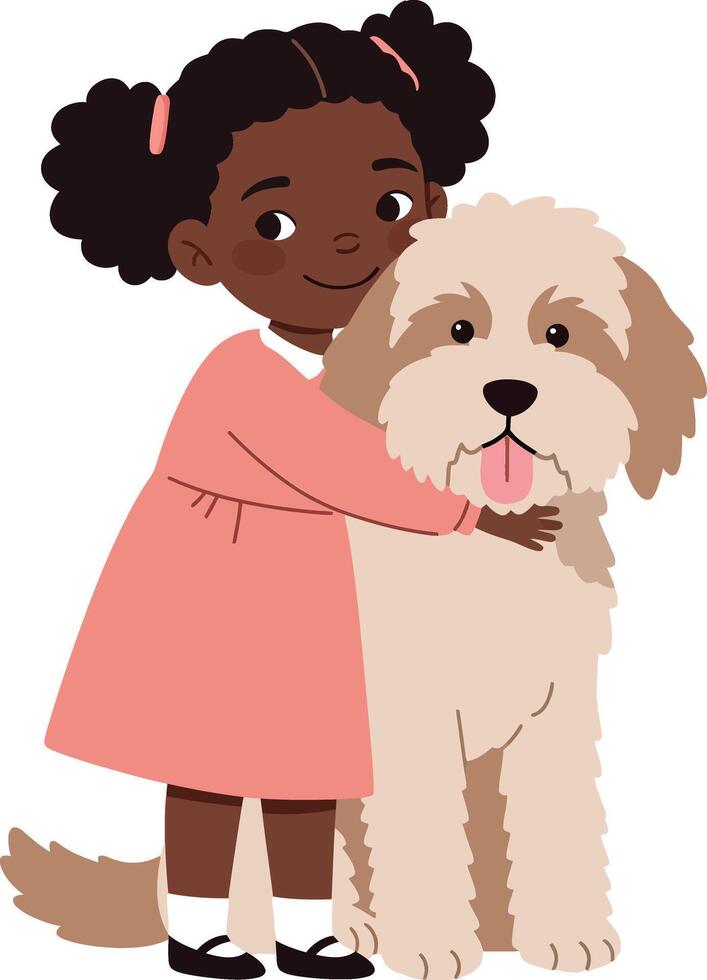 A young girl with curly hair joyfully hugging a fluffy dog in a minimal style illustration vector