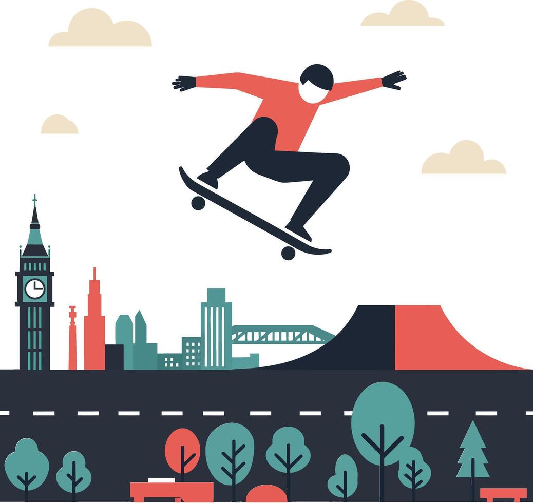 Skater performing a trick above a city skyline in minimal flat illustration vector