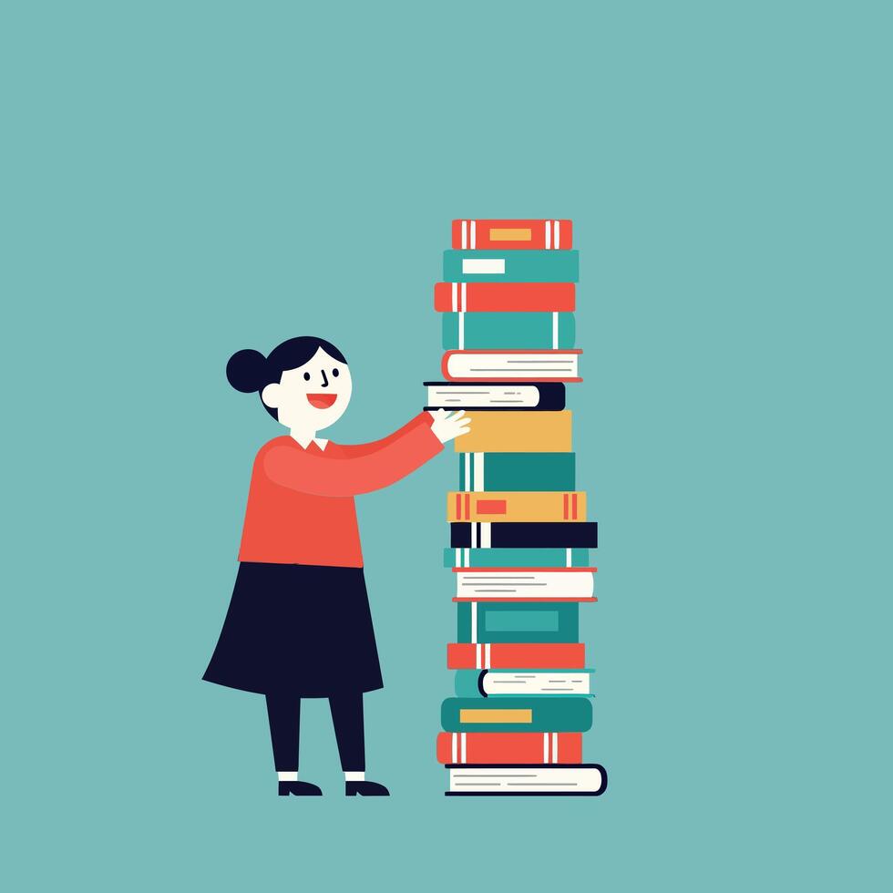 A cheerful woman organizing a tall stack of colorful books in a flat illustration vector