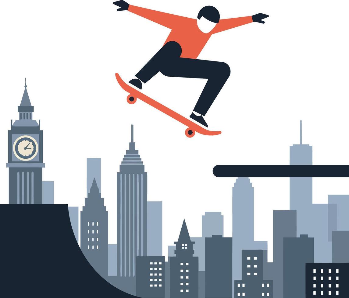 Skateboarder performing a jump over a city skyline in flat art vector