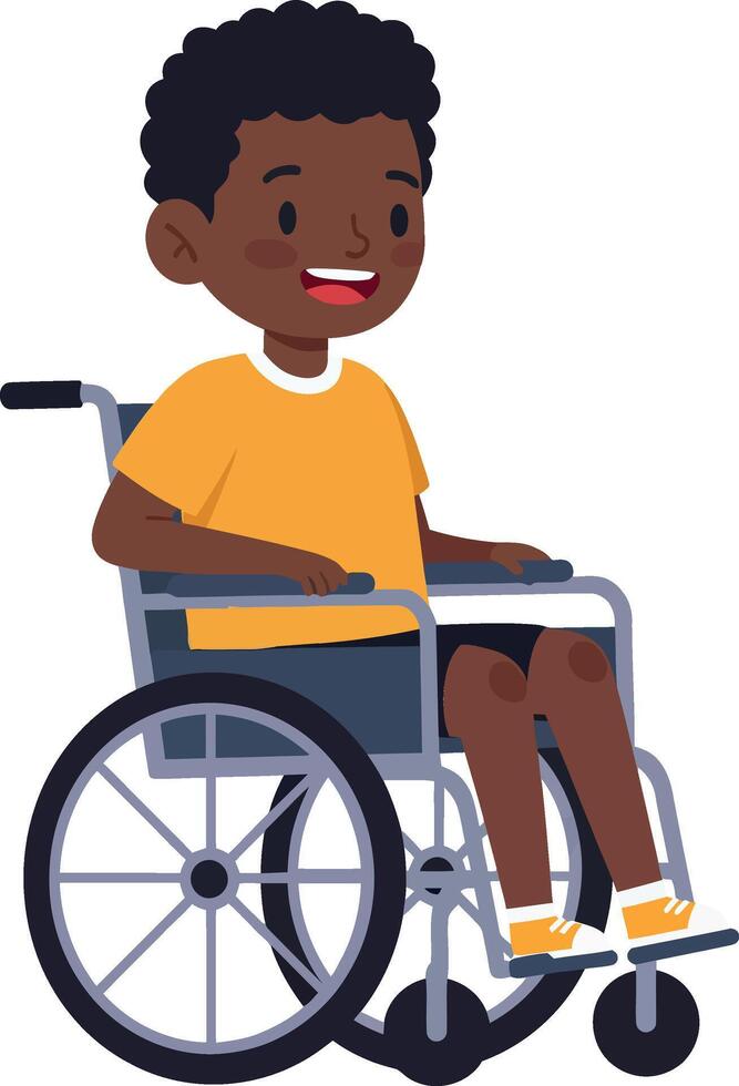 Young boy in a wheelchair smiling cheerfully, flat design illustration showcasing mobility and joy vector
