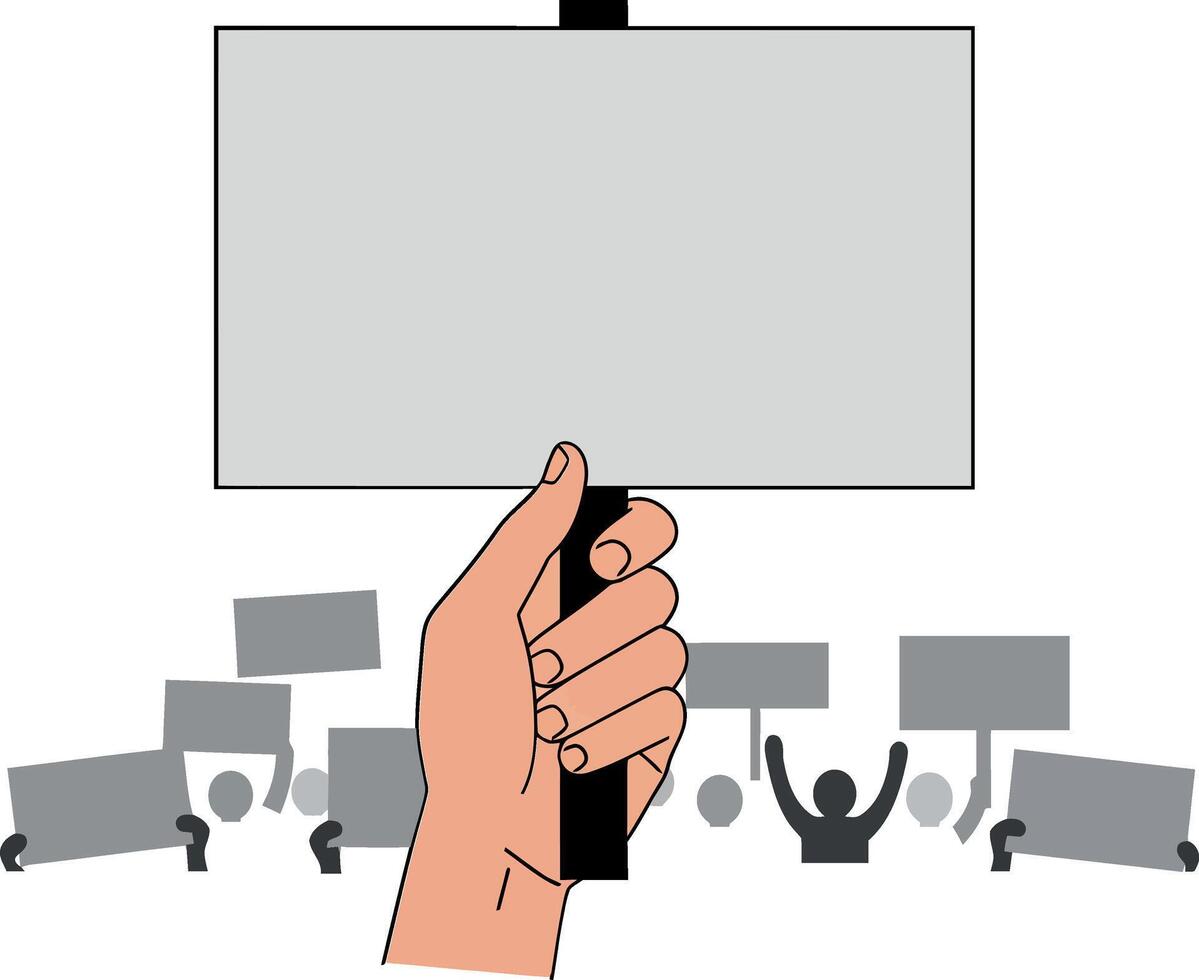Hand holding a blank protest sign in a crowd of supporters in minimal illustration vector