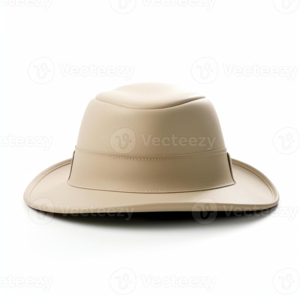 A tan hat with a black band on white background photo