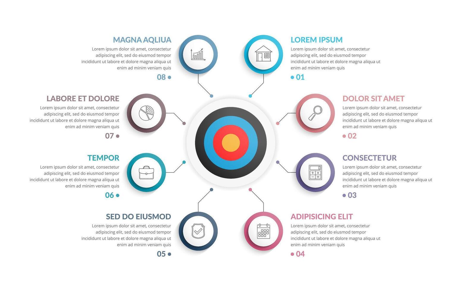 Infographic template with target with eight steps or options, workflow, process diagram vector