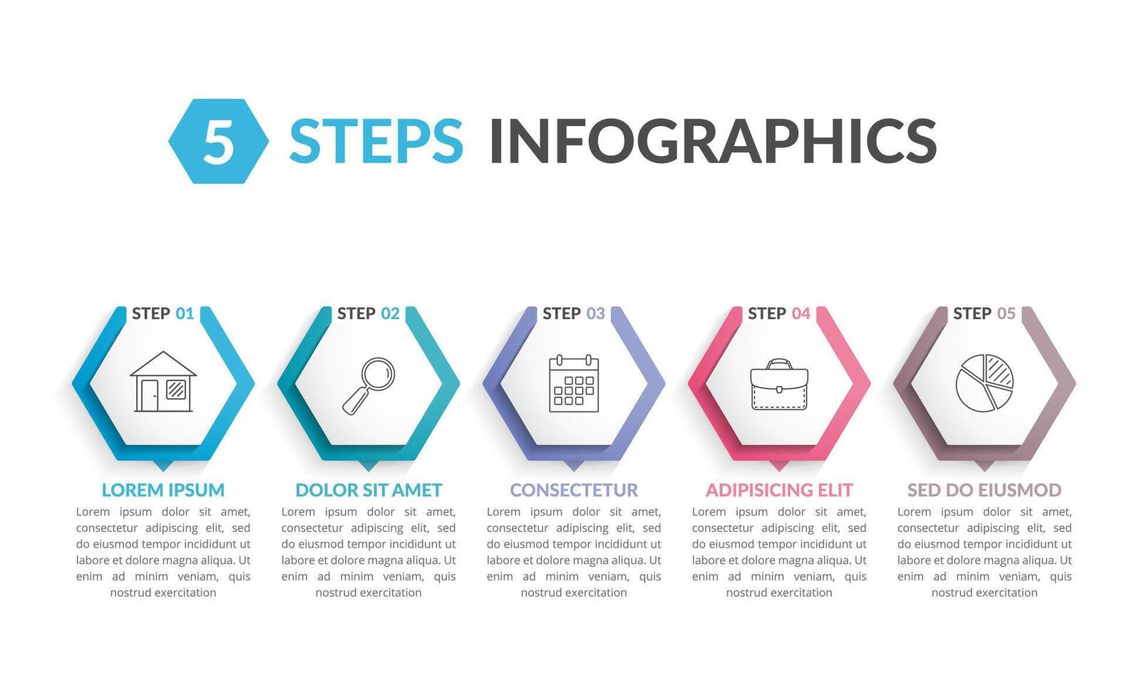 Infographic template with five hexagons with line icons, process chart, creative business infographics vector